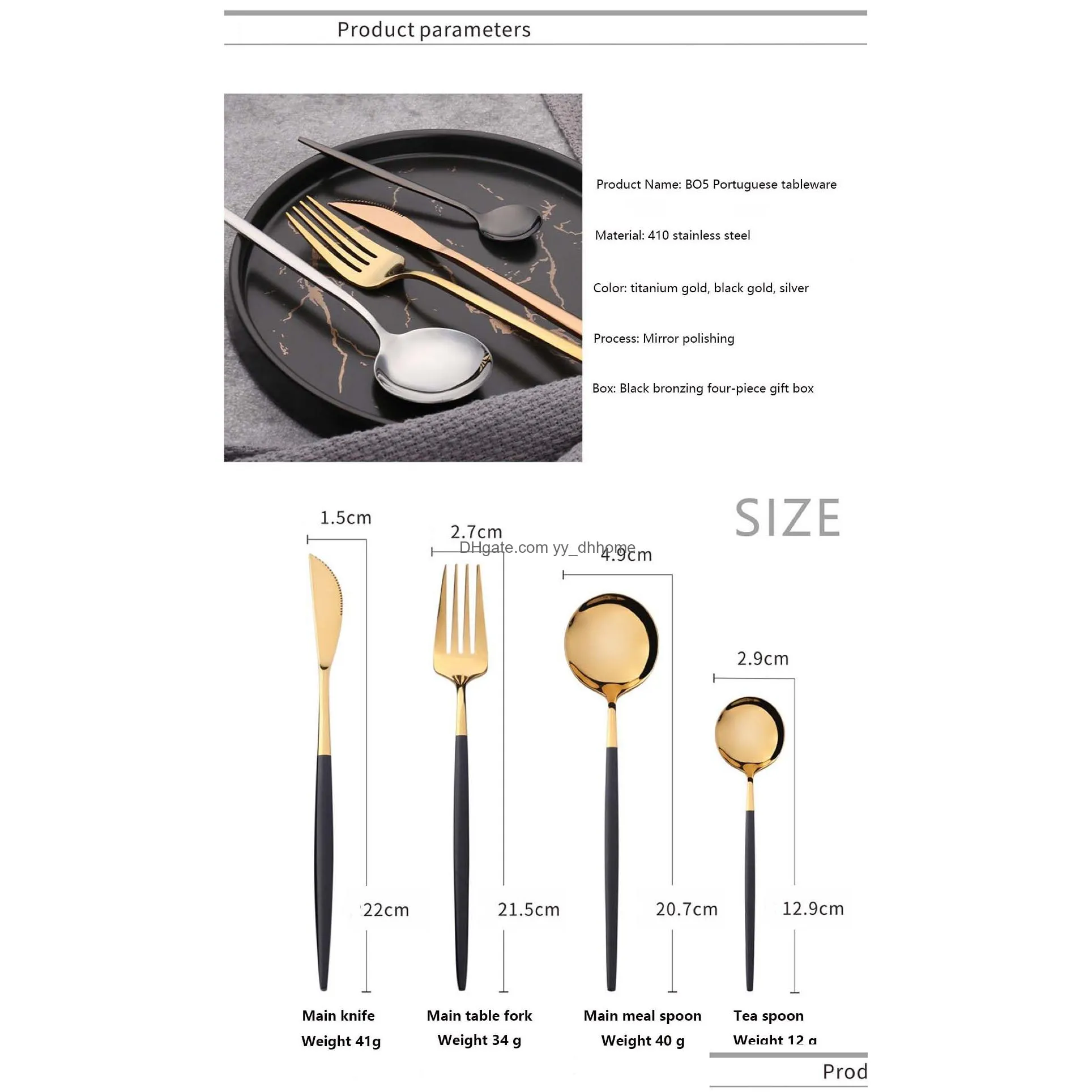 2022 4 pieces / set of black cutlery set stainless steel cutlery golden kitchen cutlery fork knife spoon wedding silverware set