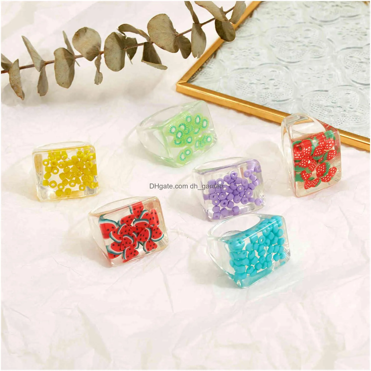 2021 korean geometric square transparent finger rings for women strawberry watermelon kiwi acrylic resin ring jewelry