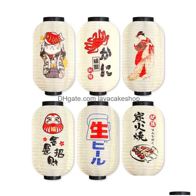 retro japanese style hanging lantern lucky cat printed sashimi sushi pub bistro restaurant izakaya decor silk lantern waterproof q0810