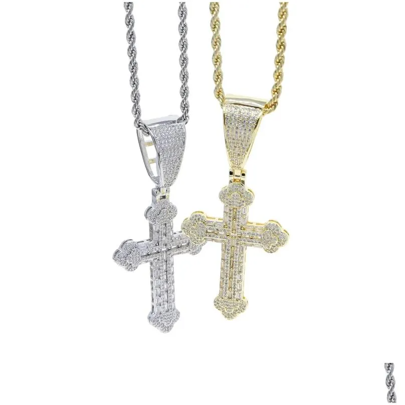 Pendant Necklaces Iced Out Cross Pendant Tennis Chain Necklace For Men With Gold Color Rope Link Necklaces Hip Hop Jewelry Gift Drop D Dhk9V