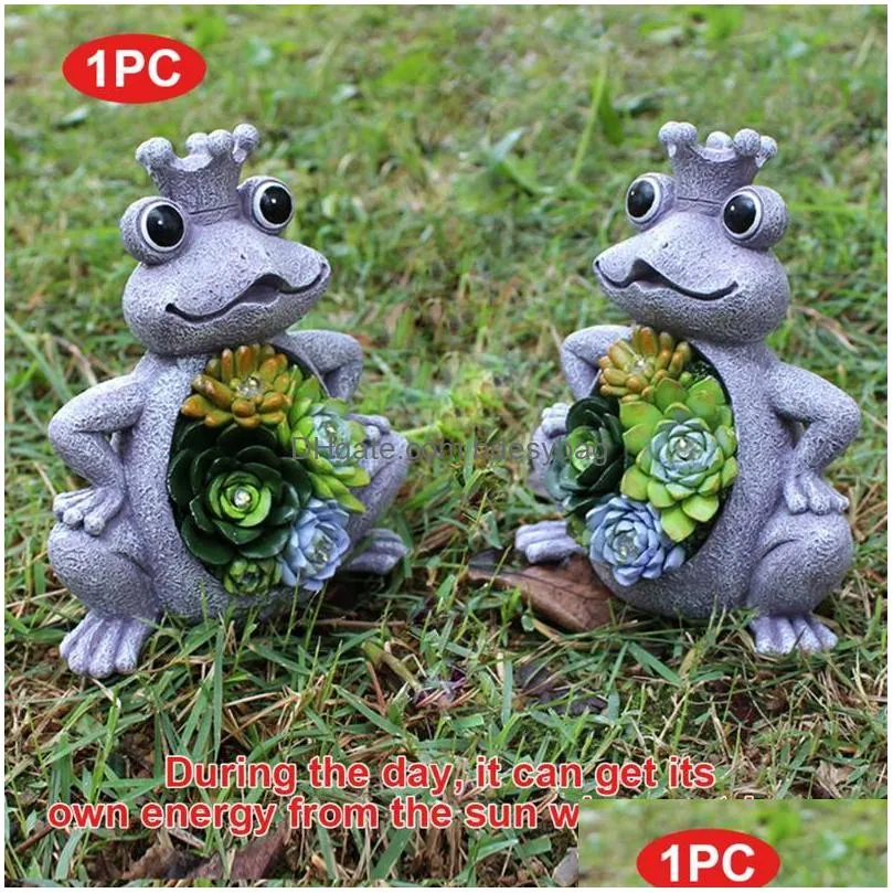 garden decorations solar statue frog ornament with succulent 4 led lights outdoor lawn decor