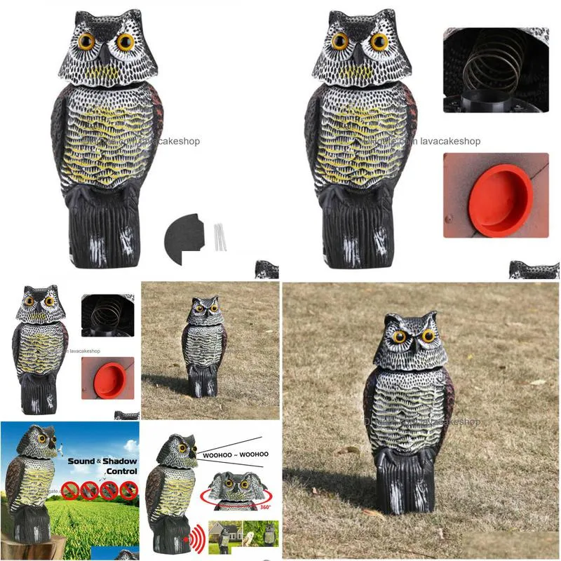 realistic bird scarer rotating head sound owl prowler decoy protection repellent pest control scarecrow moving garden decor q0811