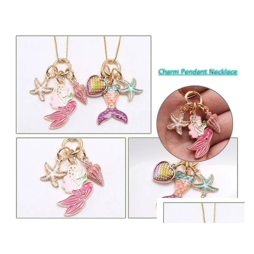 2 colors kids jewelry mermaid starfish pendant necklace children girl long chain necklaces for girls gift m3901