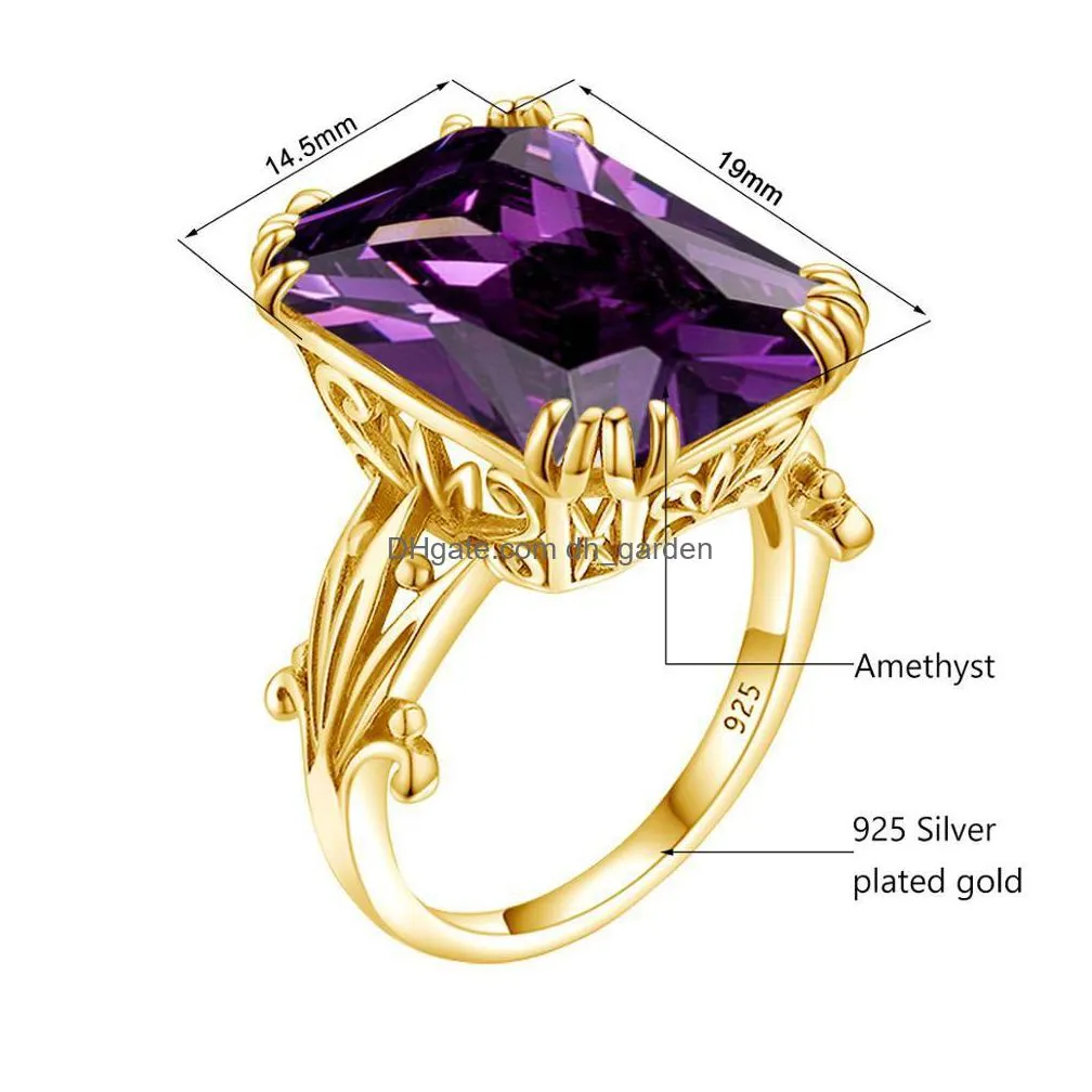simulated natural amethyst ring for women gemstones 14k gold shiny wedding rings real 925 sterling silver fine jewelry