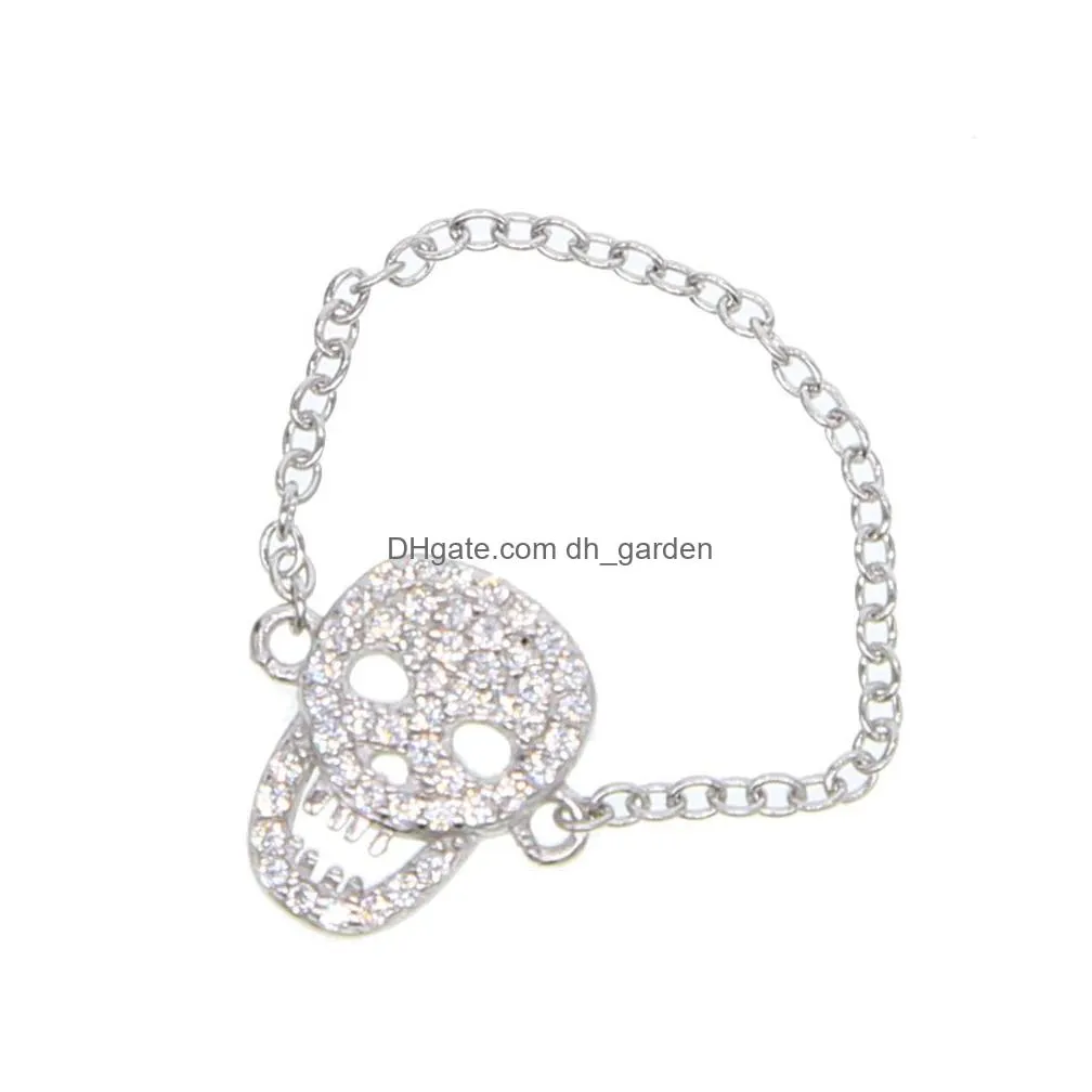 cool hiphop rock women jewelry micro pave cz skull charm delicate chain 925 sterling silver high quality minimal ring