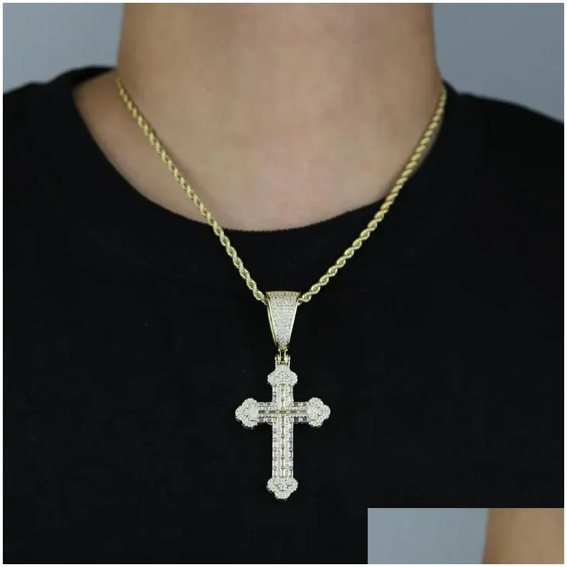 Pendant Necklaces Iced Out Cross Pendant Tennis Chain Necklace For Men With Gold Color Rope Link Necklaces Hip Hop Jewelry Gift Drop D Dhryl