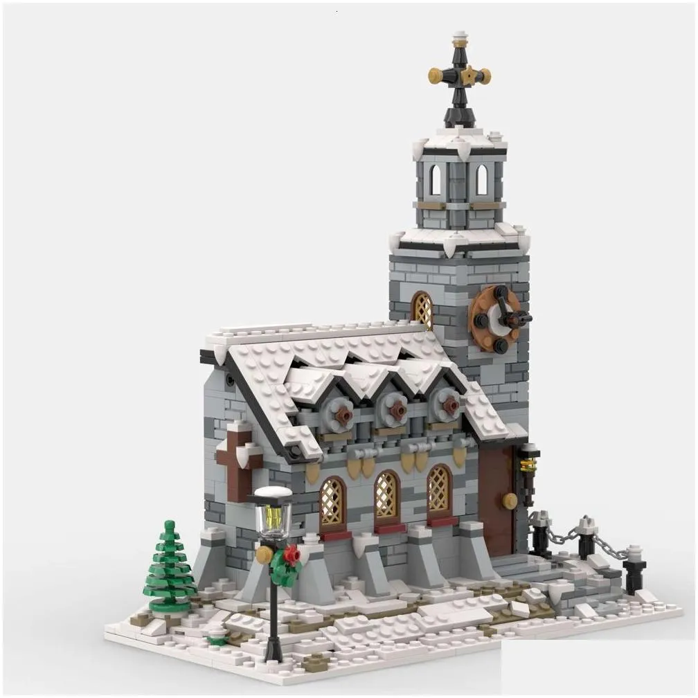 blocks winter village church building block kit city street snow house modular architecture brick model toy for kids christmas gifts