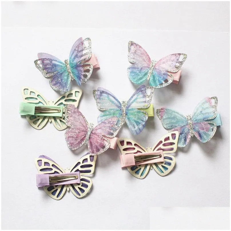 Hair Accessories New Baby Butterfly Design Hair Clips 20Pcs/Lot Cute Kids Novelty Accessories Wholesale Gauze Glitter Princess Drop De Dhypi