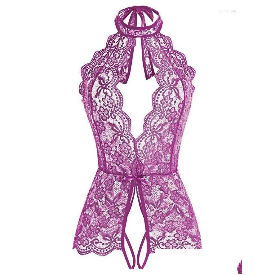 Women`S Sleepwear Womens Sleepwear Women Deep V Open Erotic Lingerie Lace Transparent Bra Set Y Costumes Crotchless Bodysuit Female Un Dhbko