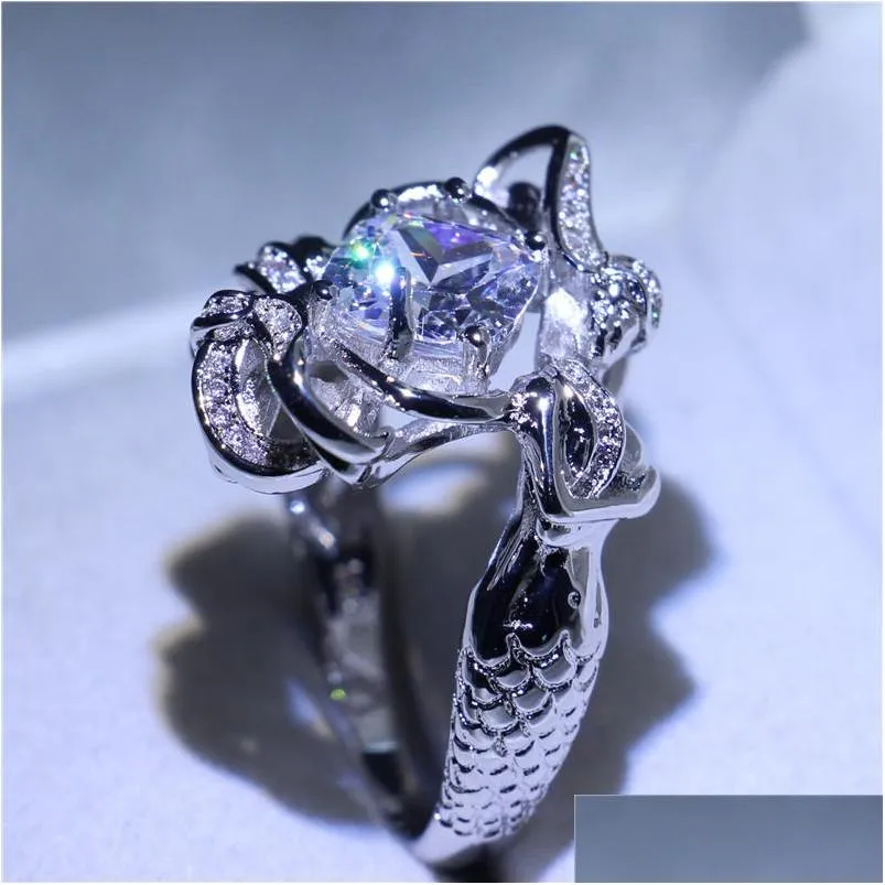 female sterling silver fashion wedding ring princess cut white 5a cz mermaid shape engagement finger rings for women handmade jewelry