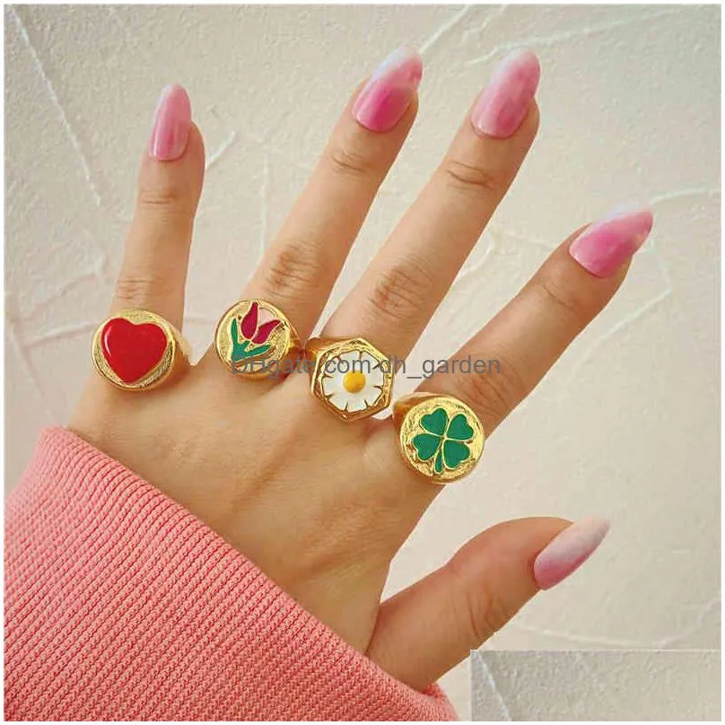 17km vintage golden rings set for women fashion pink green color resin flower love heart ring whole jewelry