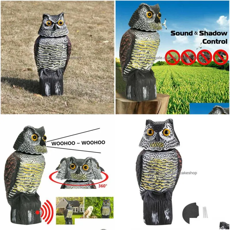 realistic bird scarer rotating head sound owl prowler decoy protection repellent pest control scarecrow moving garden decor q0811