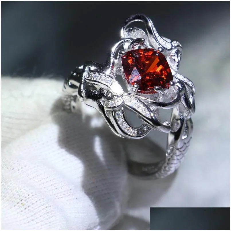 handmade 925 sterling silver fashion engagement wedding band ring princess cut red cz mermaid shape finger rings for women fine