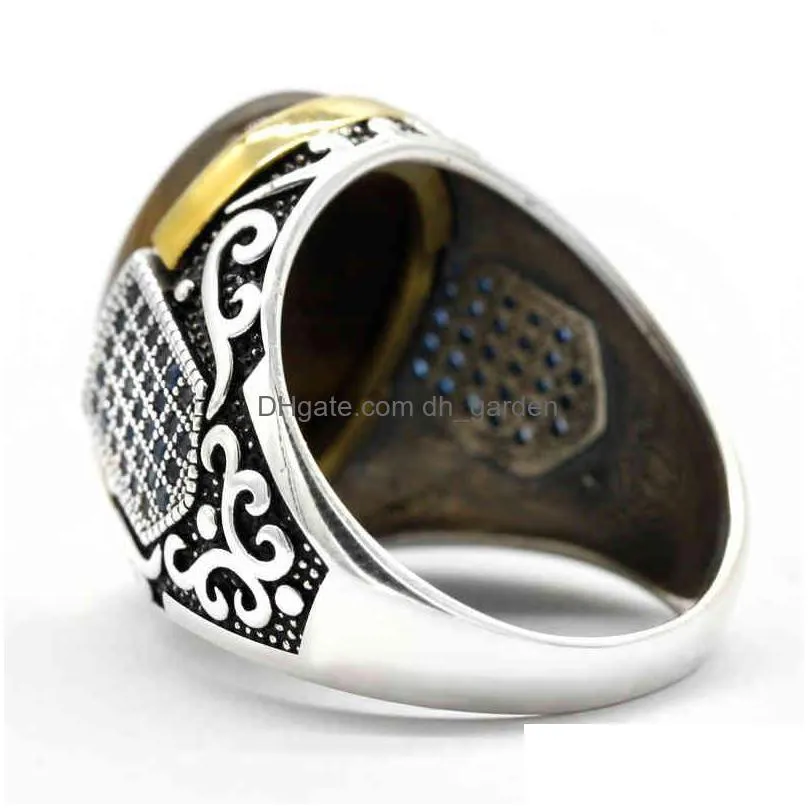 genuine sterling silver antique turkish ring with stone tiger eye mens colorful punk rock jewelry