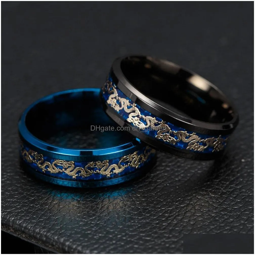 titanium steel dragon rings black and blue mans gifts wedding band jewelry size 612