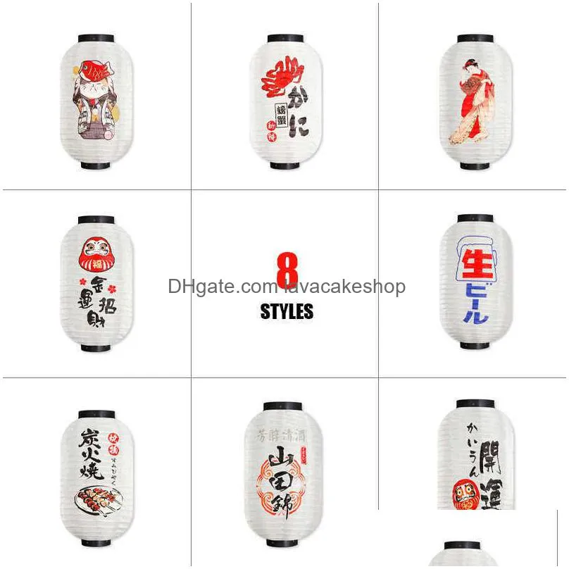 retro japanese style hanging lantern lucky cat printed sashimi sushi pub bistro restaurant izakaya decor silk lantern waterproof q0810