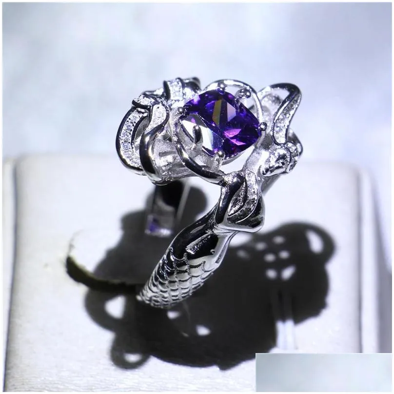 female sterling silver fashion wedding band ring princess cut mermaid shape engagement finger rings for women fine handmade jewelry