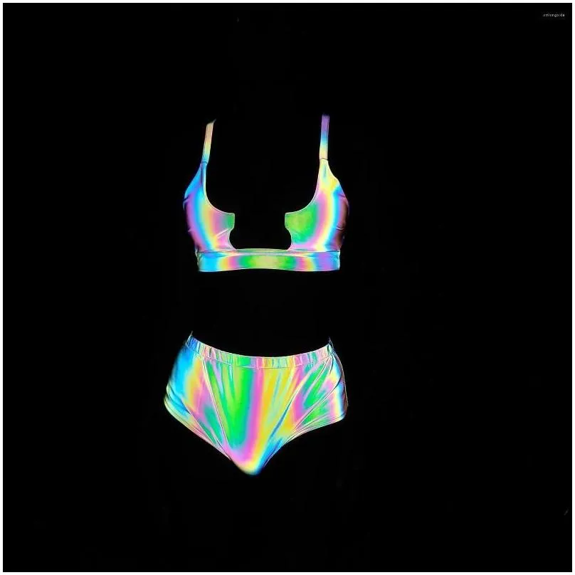 Women`S Swimwear Womens Swimwear Rainbow Reflective Women Rave Swimsuit Summer 3 Piece Bikini Set Skirt Mini Triangle Buckle Bra Top S Dhmix