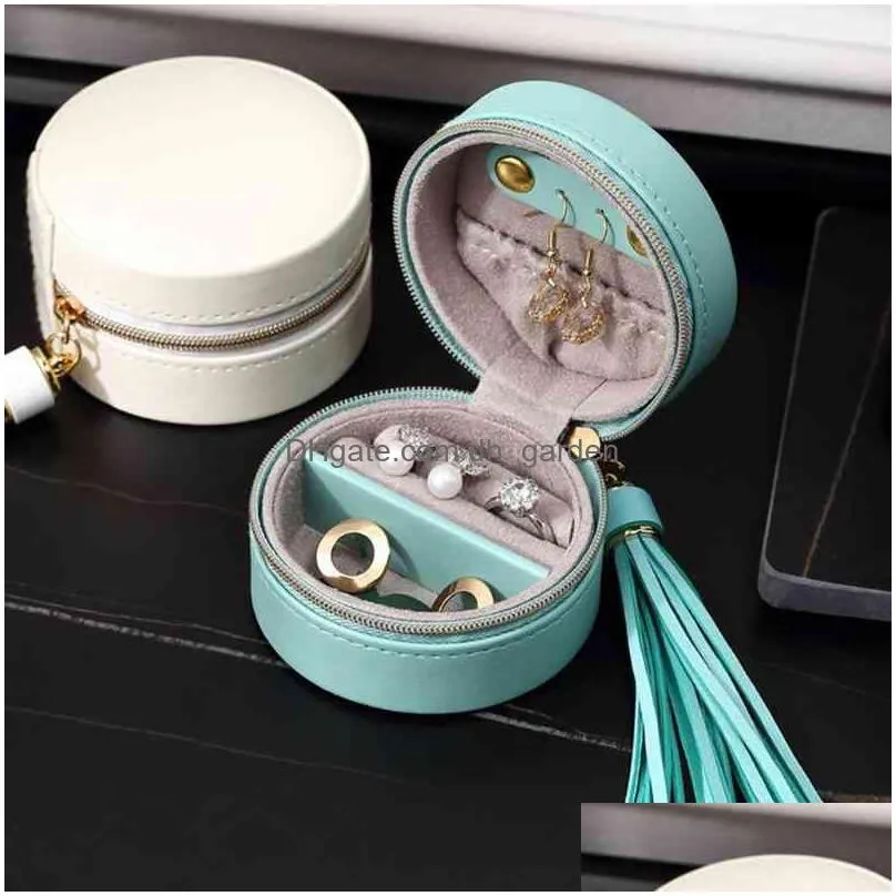 portable jewelry storage organizer pu leather small round jewellery case rings earrings zipper box for women