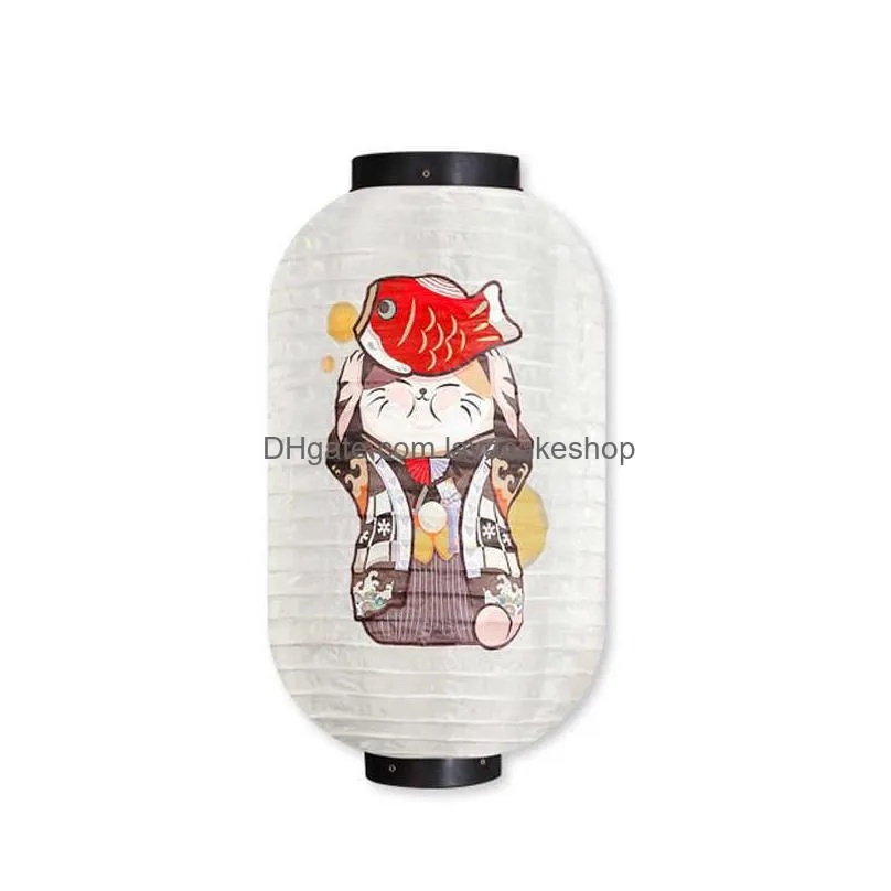 retro japanese style hanging lantern lucky cat printed sashimi sushi pub bistro restaurant izakaya decor silk lantern waterproof q0810