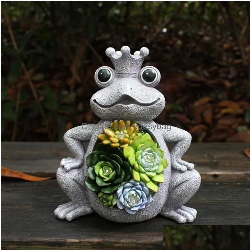 garden decorations solar statue frog ornament with succulent 4 led lights outdoor lawn decor