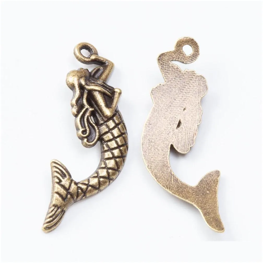 80pcs 34x12mm vintage bronze antique silver color mermaid charms metal alloy pendant for bracelet earring necklace diy jewelry