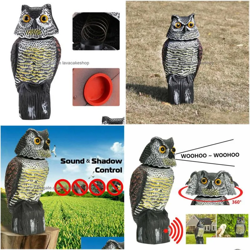 realistic bird scarer rotating head sound owl prowler decoy protection repellent pest control scarecrow moving garden decor q0811