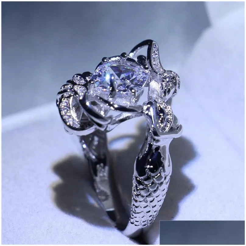 female sterling silver fashion wedding ring princess cut white 5a cz mermaid shape engagement finger rings for women handmade jewelry