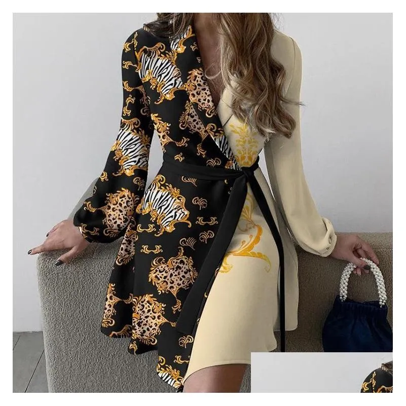 Basic & Casual Dresses Casual Dresses Dress Women Summer Europe United States Fashion Temperament Printed Long-Sleeve Waist Lace Vesti Dhsol