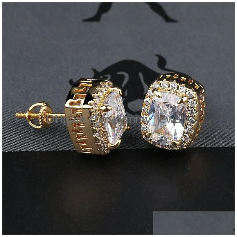 Stud Hip Hop Iced Out Stud Earrings For Men Women Bling Crystal Zircon Cz Gemstone Gold Sier Earring Hiphop Rapper Jewelry Gift Drop D Dhlzv