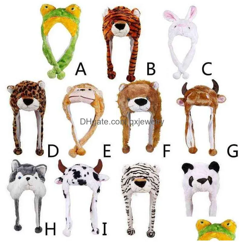 Beanie/Skull Caps Adt Kids Winter Cute Plush Animal Character Beanie Hat With Pom Ends Funny Stuffed Toy Earflap Cap Cosplay Costume Y Dhzyx