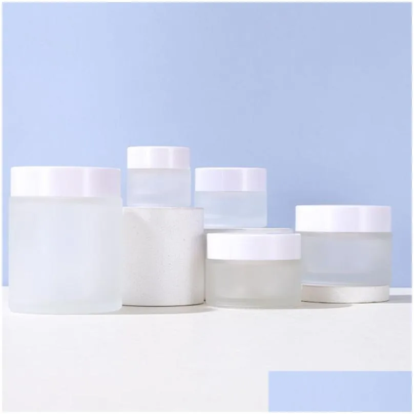 frosted glass cream jar cosmetic bottle lotion lip balm container with white lid 5g 10g 15g 20g 30g 50g 100g