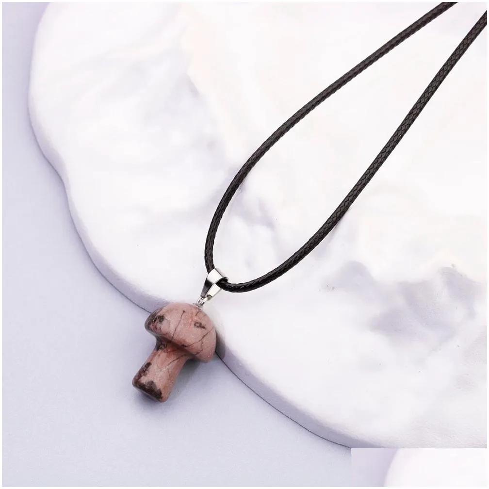 Pendant Necklaces Wholesale Carved Mushroom Natural Gem Stone Pendant Quartz Crystal Amethyst Tiger Eye Hand Charms Diy Jewelry Making Dhke1