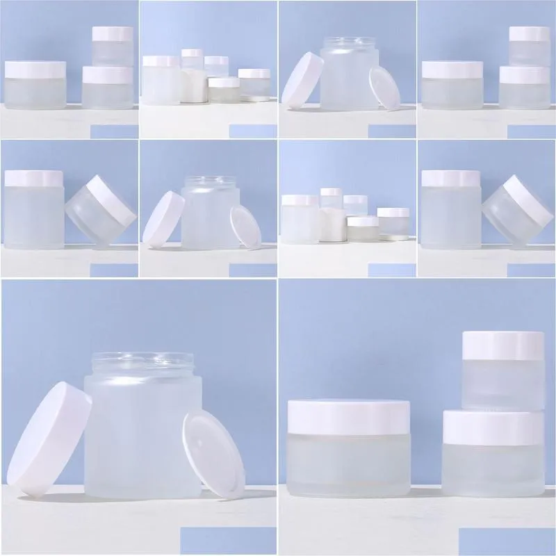 frosted glass cream jar cosmetic bottle lotion lip balm container with white lid 5g 10g 15g 20g 30g 50g 100g