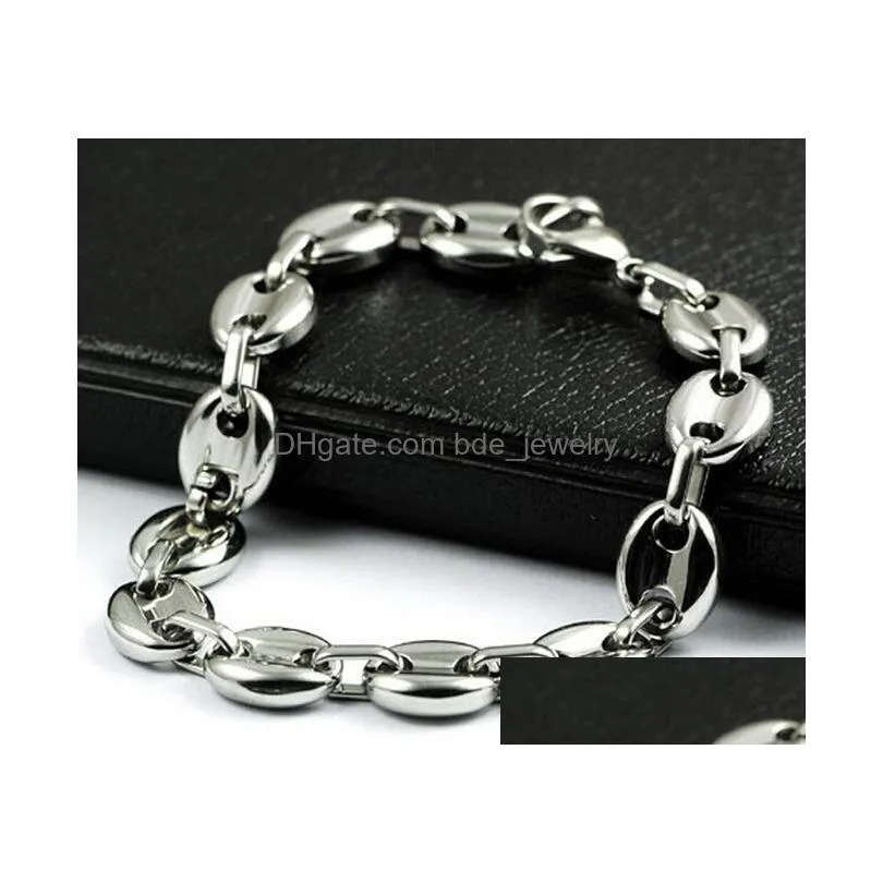 8.66 10mm wide shiny coffee beans link chain bracelet stainless steel silver for men