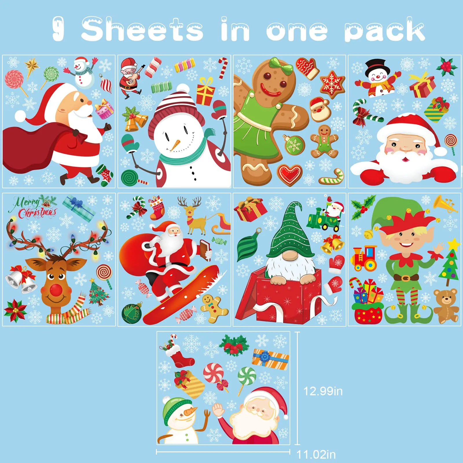 9 sheets christmas window clings decorations large removable snowflake santa claus reindeer gnome eif window decals for christmas holiday new year decorations