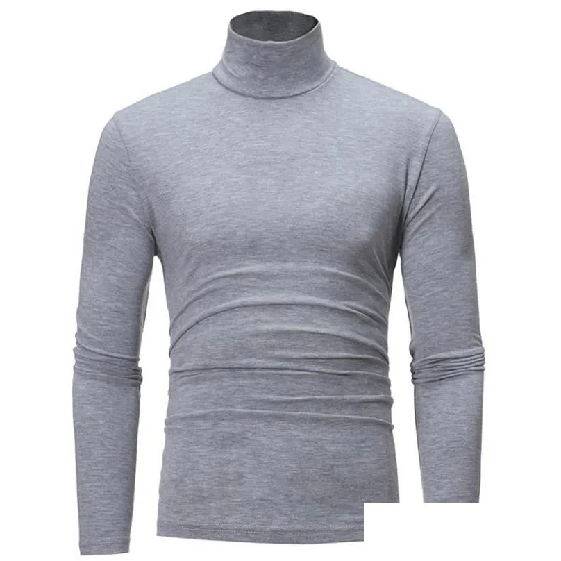 Men`S T-Shirts Mens T-Shirts Autumn Winter Thermal Long Sleeve Roll Turtleneck T-Shirt Solid Color Tops Male Slim Basic Stretch Tee To Dhgvo