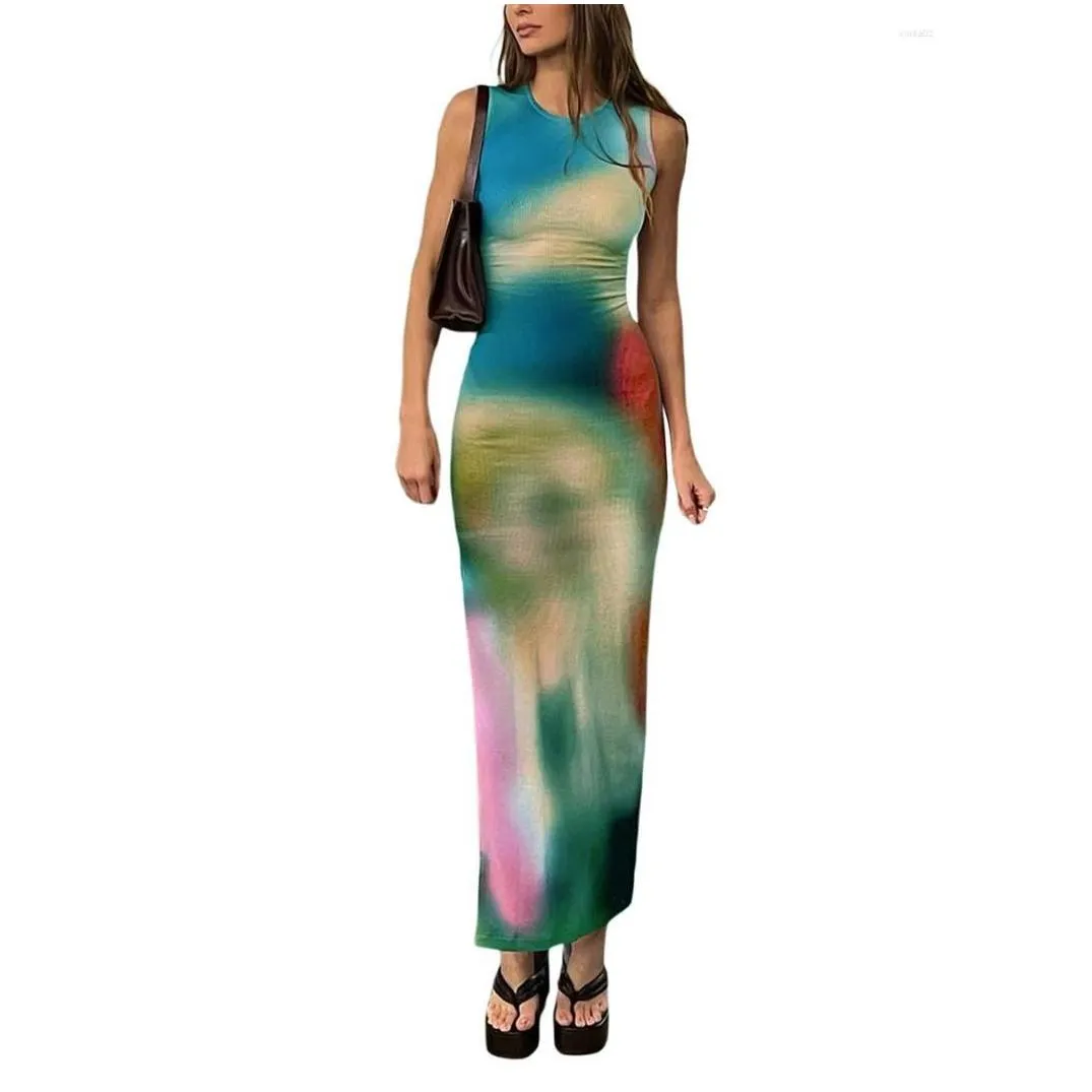 casual dresses sleeveless maxi dress women summer long bodycon elegant sexy tie dye outfits ladies birthday party club sundress