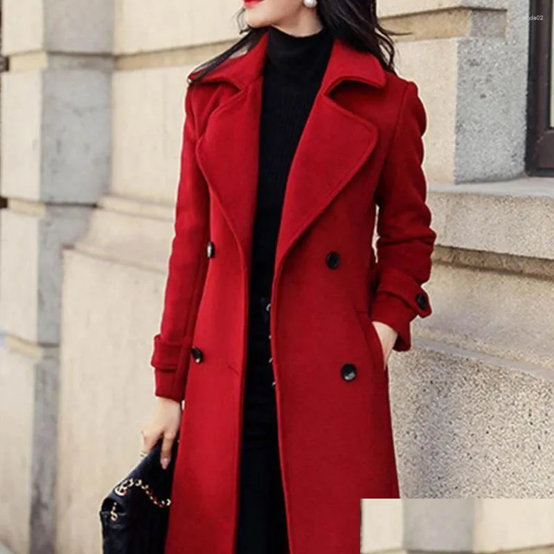 womens trench coats thermal winter overcoat business mid-calf length jacket formal wool blends double-breasted coat thick female