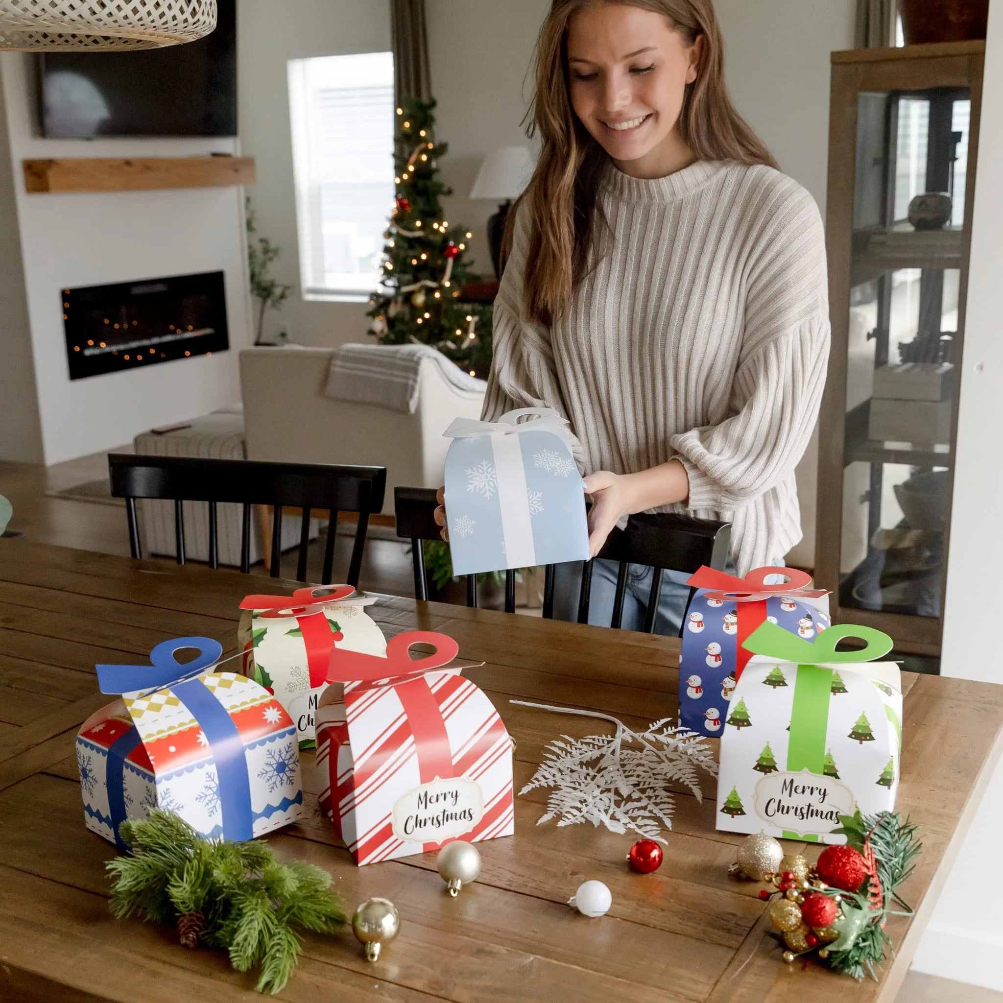 24pc christmas boxes for gifts christmas sweater goodie bags small cake box or candy. laminated thick white cardboard box with vibrant print. christmas boxes with lids pre assembled.