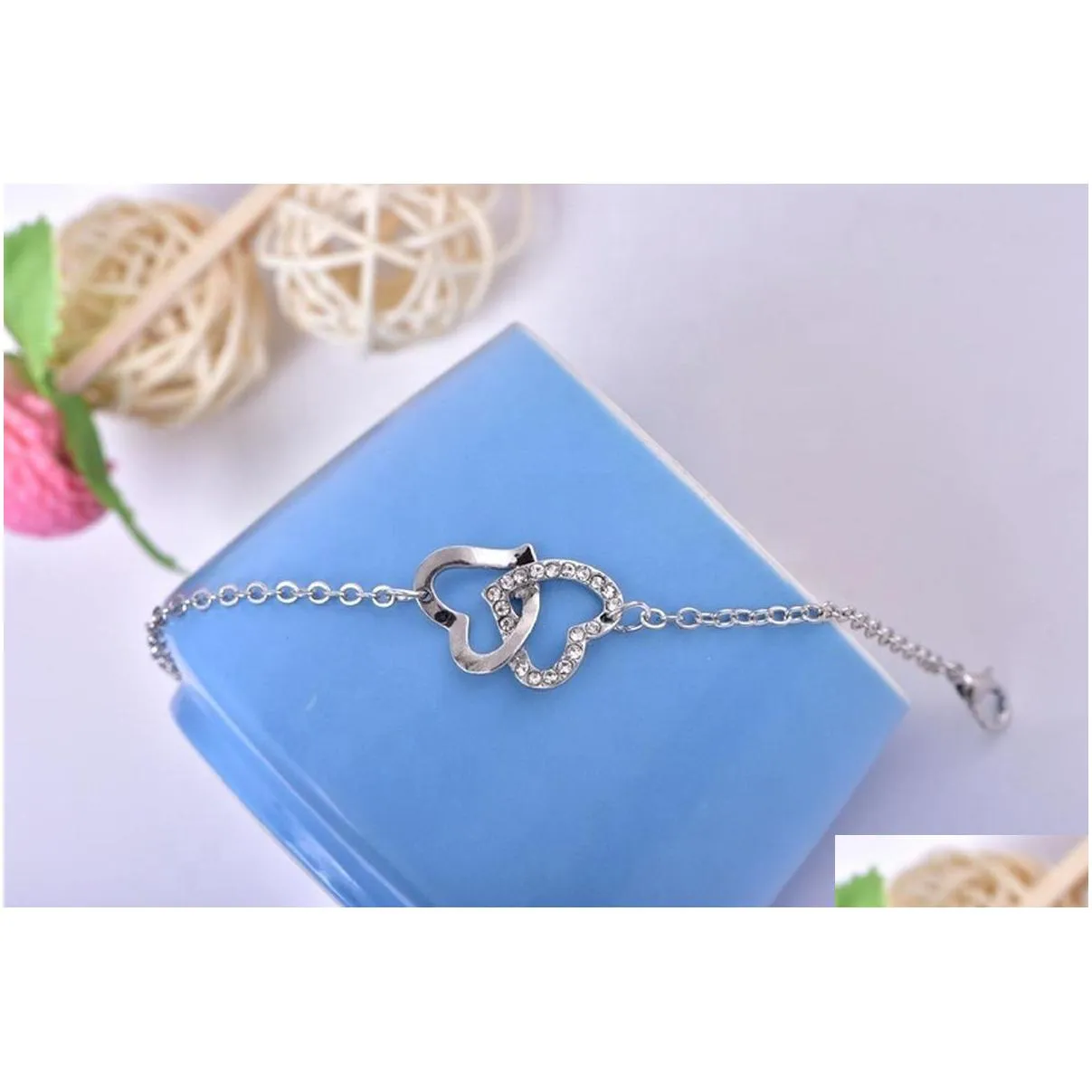 Pendant Necklaces New Rose Gold Double Heart Crystal Alloy Bracelet Drop Delivery Jewelry Necklaces Pendants Dhsqb