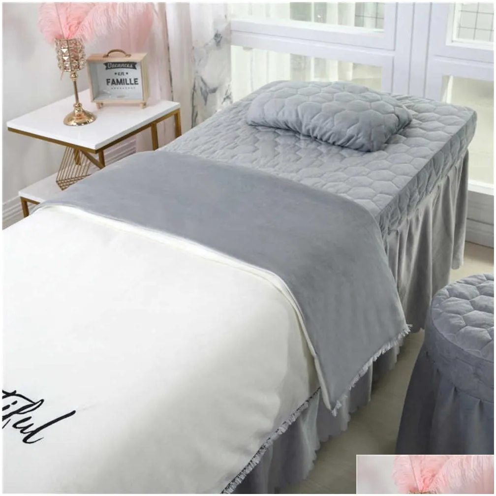 Bedding Sets 4Pcs Beautif Beauty Salon Bedding Sets Mas Spa Use Coral Veet Embroidery Duvet Er Bed Skirt Quilt Sheet Custom Drop Deliv Dh3Q0