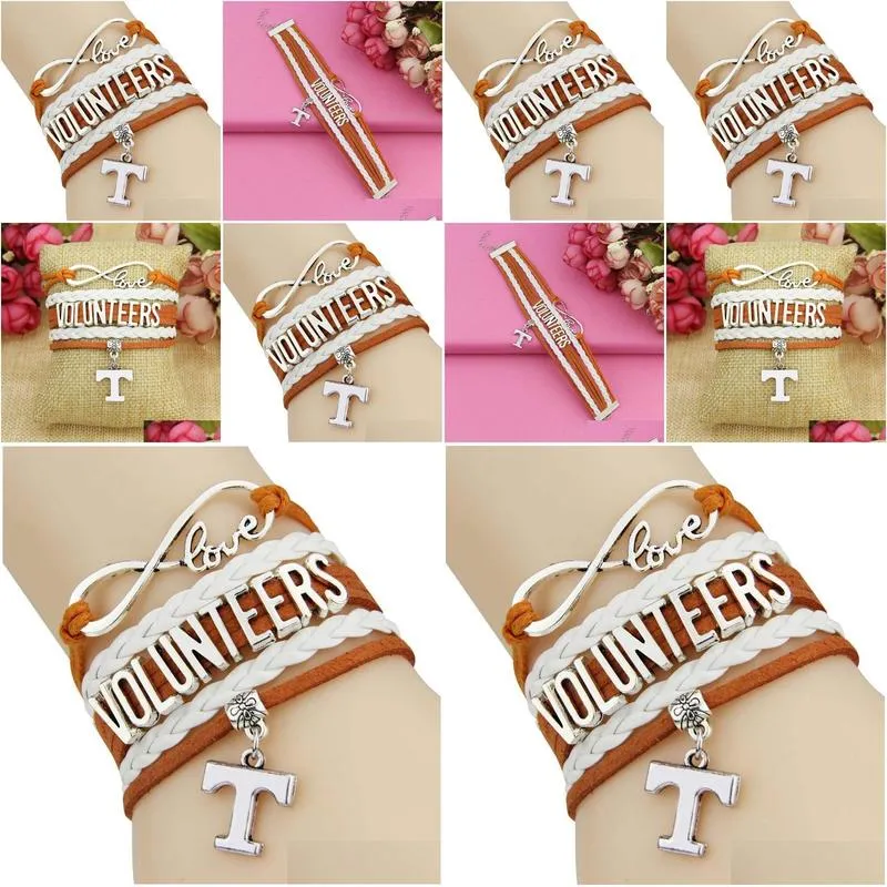 Charm Bracelets Wholesale-12 Pieces/Lot Infinity Love Ncaa Tennessee Volunteers Sports Team Bracelet Orange White Custom Drop Drop Del Dhnws