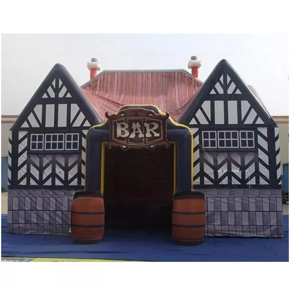 bouncer custom house shaped  inflatable bar tent irish pub with casks for outdoor party