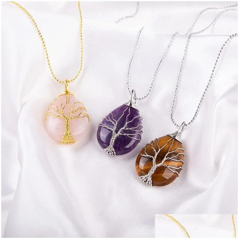 Pendant Necklaces Natural Stone Chakra Necklace Tree Of Life Charm Gold Sier Wire Wrapped Water Drop Shape Crystal Pendant Drop Delive Dhp2C