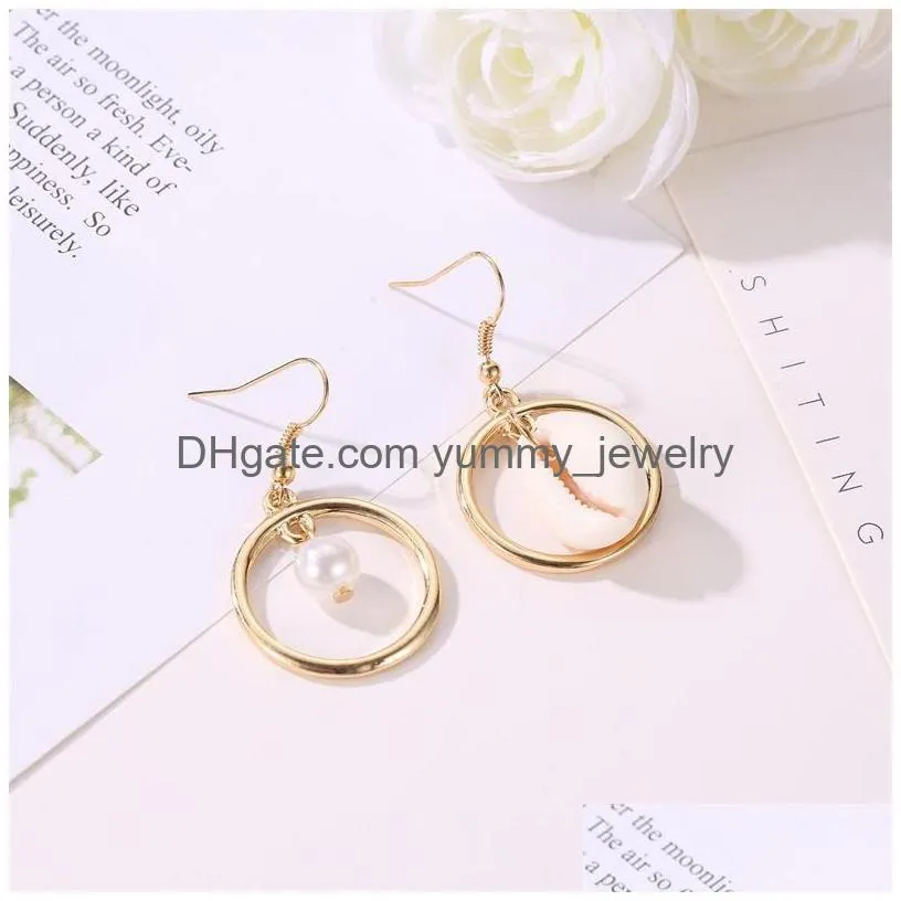 Dangle & Chandelier European And American Asymmetrical Beach Conch Dangle Earrings For Women Round Shell Faux Pearl Drop Fashion Jewel Dh72G