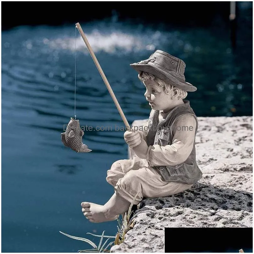 garden decorations statue gone fishing boy ornaments resin fisherman with rod figurine sculpture for pool pond yard