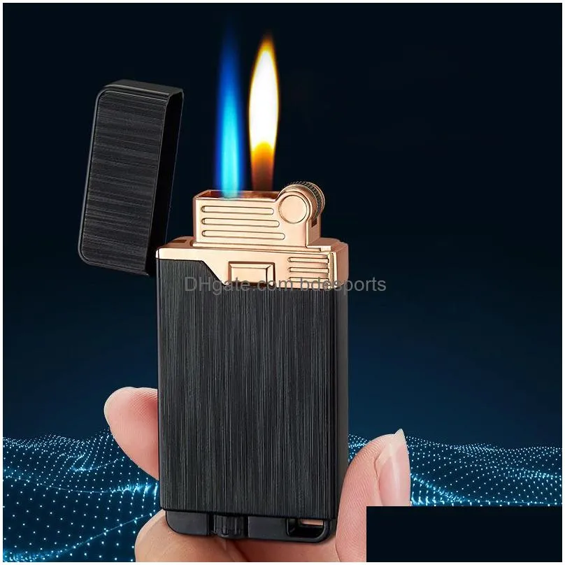 Lighters Windproof Metal Gas Lighter  Butane Refillable Flint Torch Two Flames Cigarettes Lighters Smoking Accessories Gadgets For Dhjbd