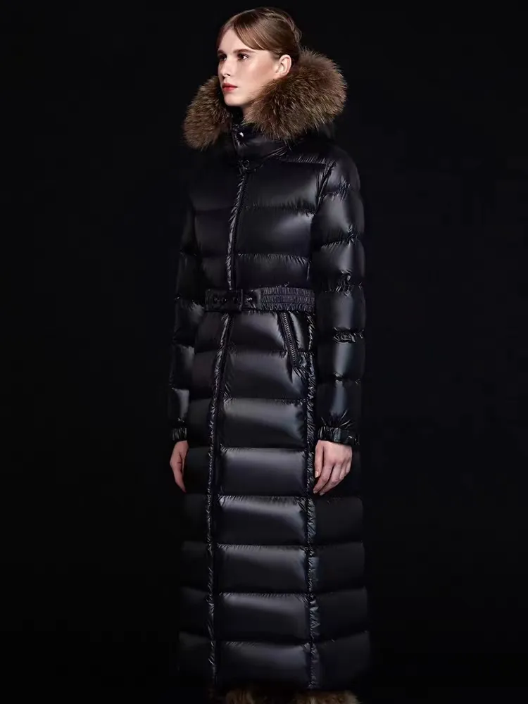 2023 Autumn Winter Women`s White Duck Down Parkas Zipper Jackets Hooded Fur Striped Woman`s Slim Long Coats MK23023