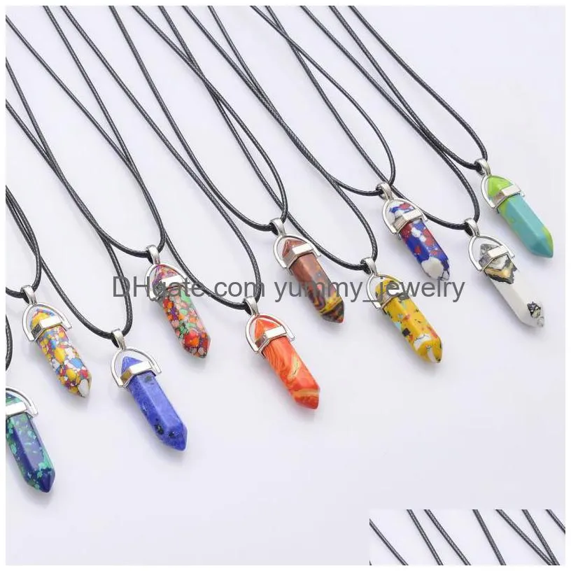Pendant Necklaces Luxury Natural Quartz Stone Necklaces Crystal Hexagonal Prism Point Pendant With Leather Rope Chains For Women Men F Dhx61